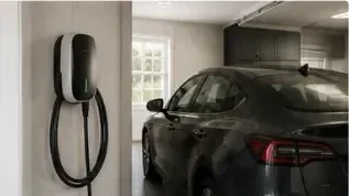 Level 2 EV charger installed in a residential garage beside an electric vehicle in Loganville GA