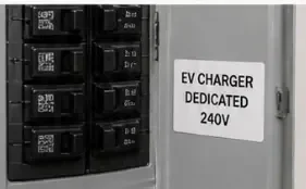 Dedicated 240 volt EV charger breaker circuit labeled for home charging installation