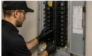 Electrician inspecting a residential electrical panel before EV charger installation in Loganville GA