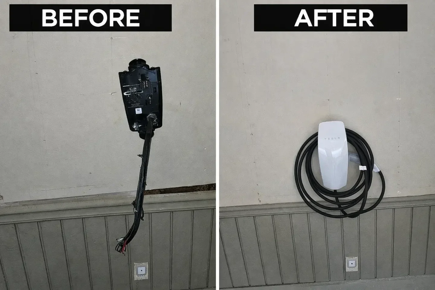 Before and after a hardwired Tesla Wall Connector installation by Kais Pro Repairs