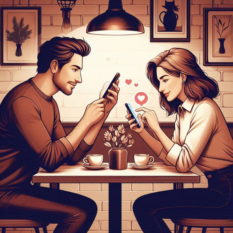 Man en vrouw zitten samen in een bistro, maar zijn ieder verdiept in hun eigen telefoon. Geen oogcontact, geen gesprek — alleen schermen.