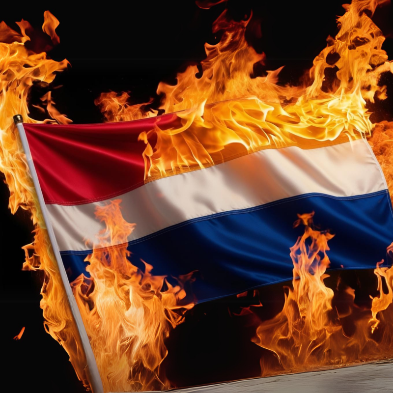 Nederlandse vlag in brand, we verliezen onze cultuur, we geven onze normen en waarden weg.