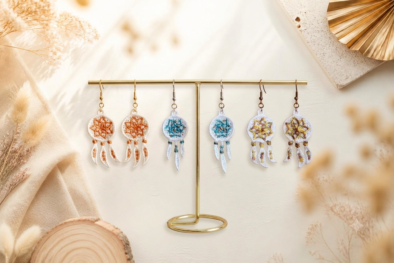 Boucles d'oreilles brodées attrape rêves, plusieurs coloris fait main