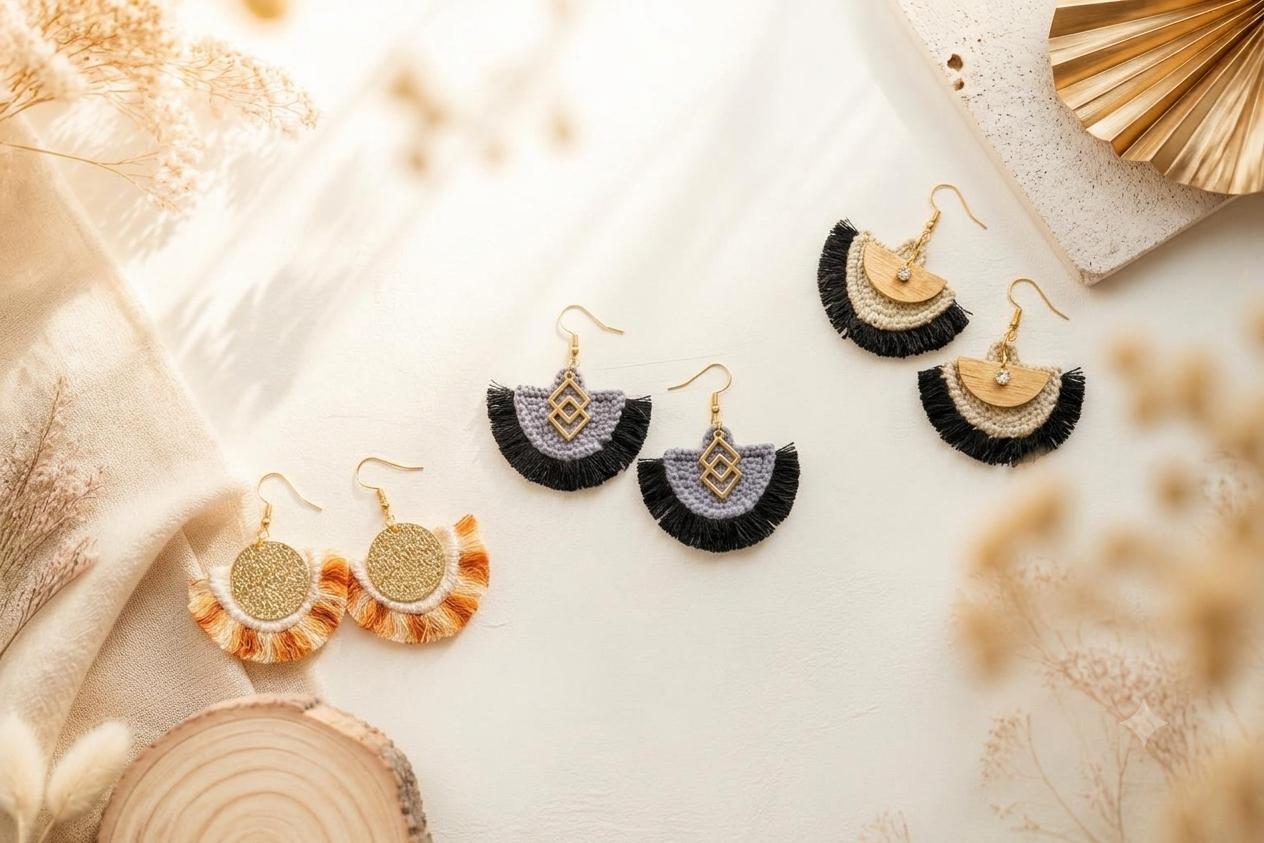 Boucles d’oreilles brodées franges colorés plusieurs couleurs disponibles création fait main