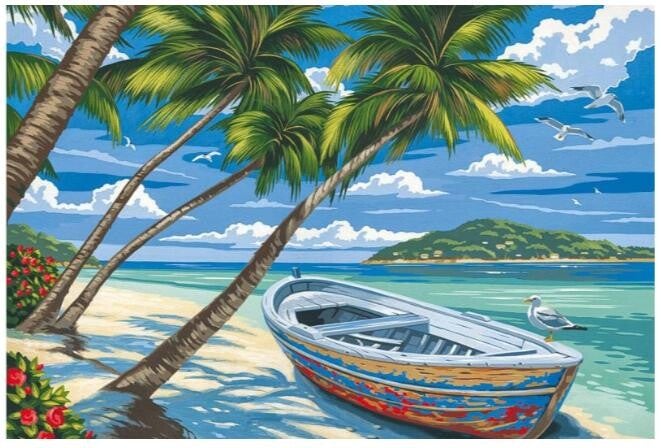 Diamond Painting - Ronde Steentjes - Zee Met Boot - 40 x 30 Cm