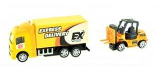 Toi-Toys vrachtwagen met vorkheftruck 10 cm geel