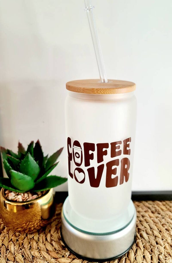 Frosted Glass Can Iced Coffee / iced coffee mug /  COFFE FOREVER