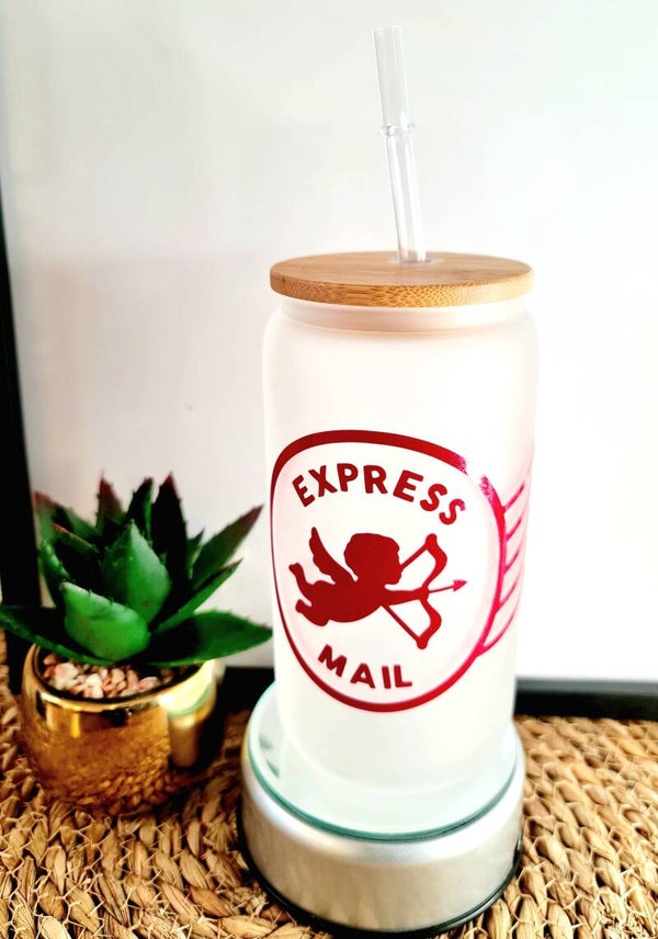 Frosted Glass Can Iced Coffee / iced coffee mug /  cupid express mail