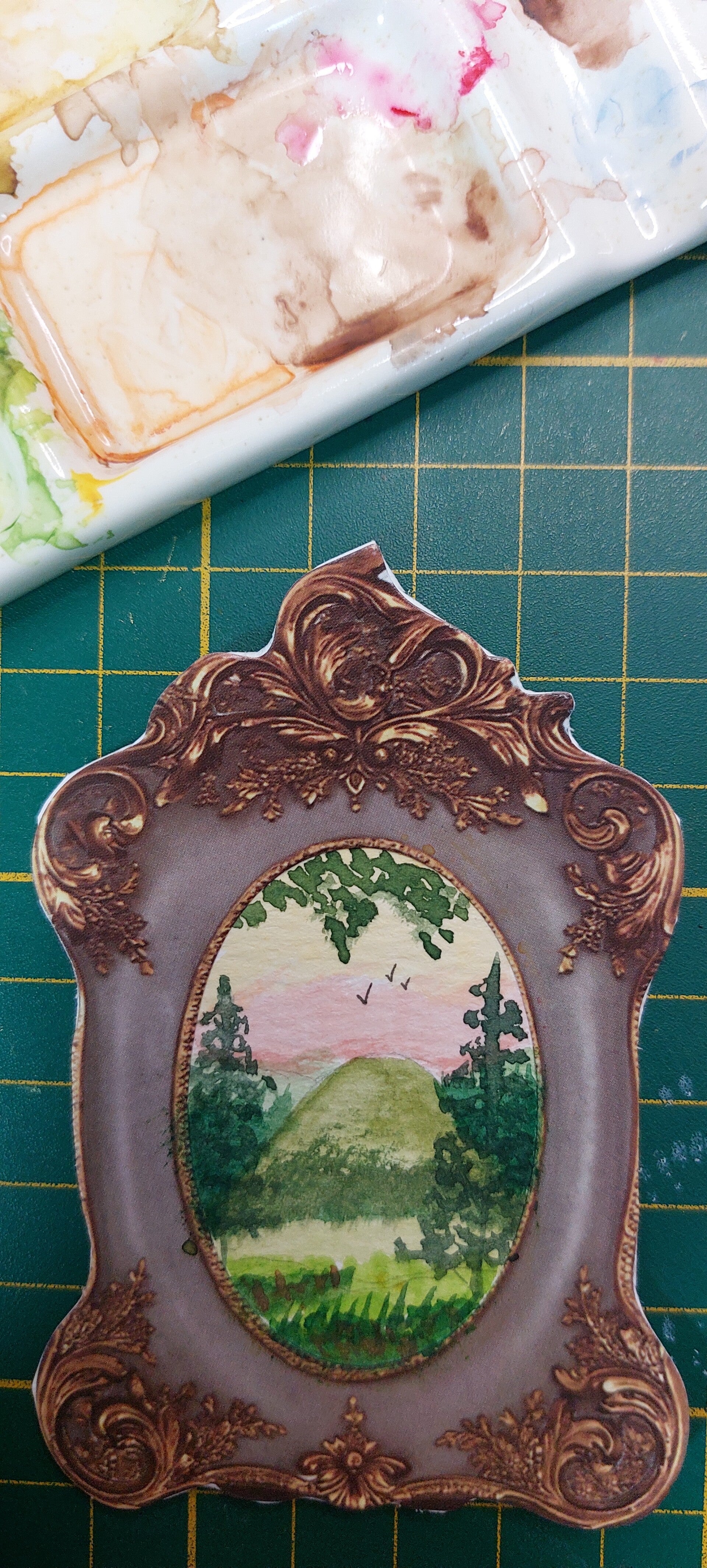 Miniature d'art originale à l'aquarelle – Peinture unique dans son cadre ancien trompe-l'œil