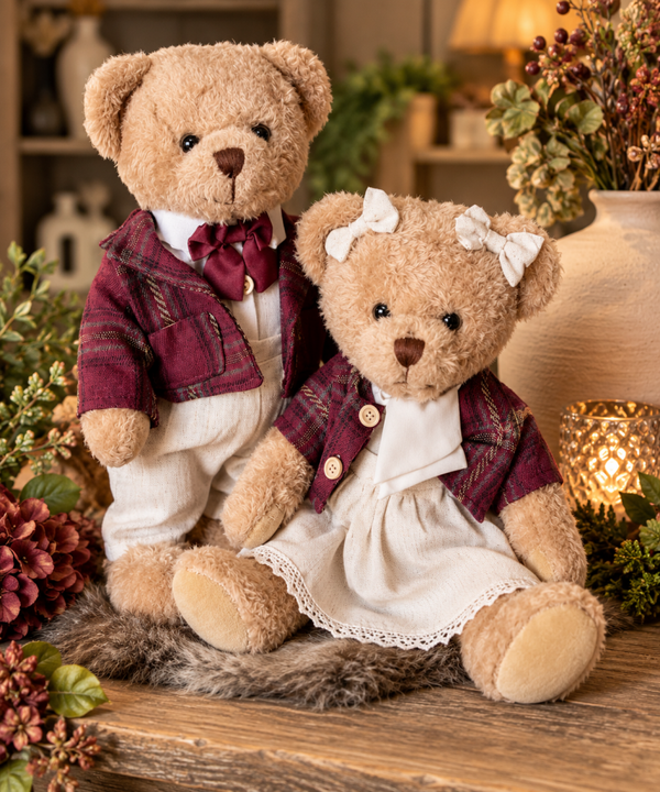 Teddyberen koppel 30cm met geruit jasje.