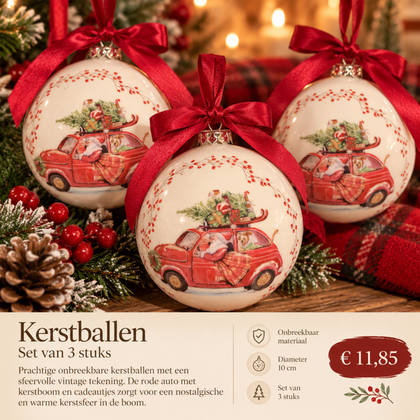Set van 3 onbreekbare kerstballen met vintage prent.