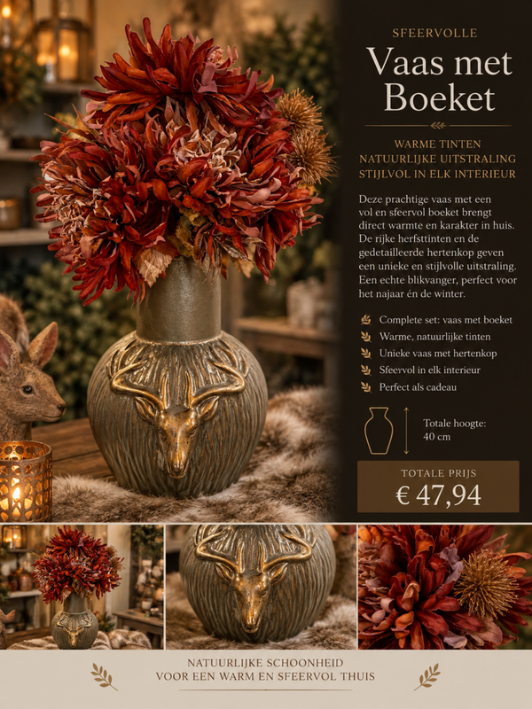 Hertenvaas met boeket in warme tinten .