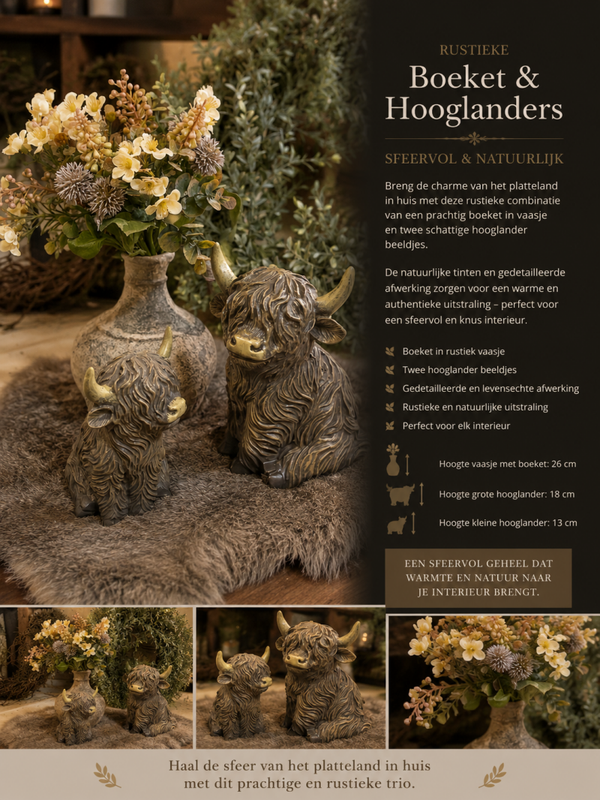 Decoratie set vaasje met boeket & hooglanders