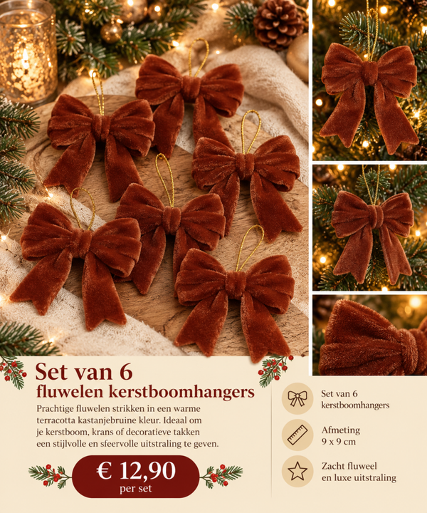 Set van 6 elegante fluwelen kerstboomhangers in strikvorm