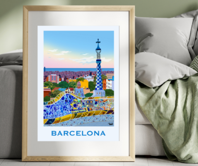 Affiche de Barcelonne, une ville d'Espagne.  Explorez le parc Güell, ce vaste parc espagnol digne d'un conte à travers notre affiche originale "Bareclona".    Niché au cœur de la capitale catalane, Toads Graphismes vous convie à une découverte de ce parc 