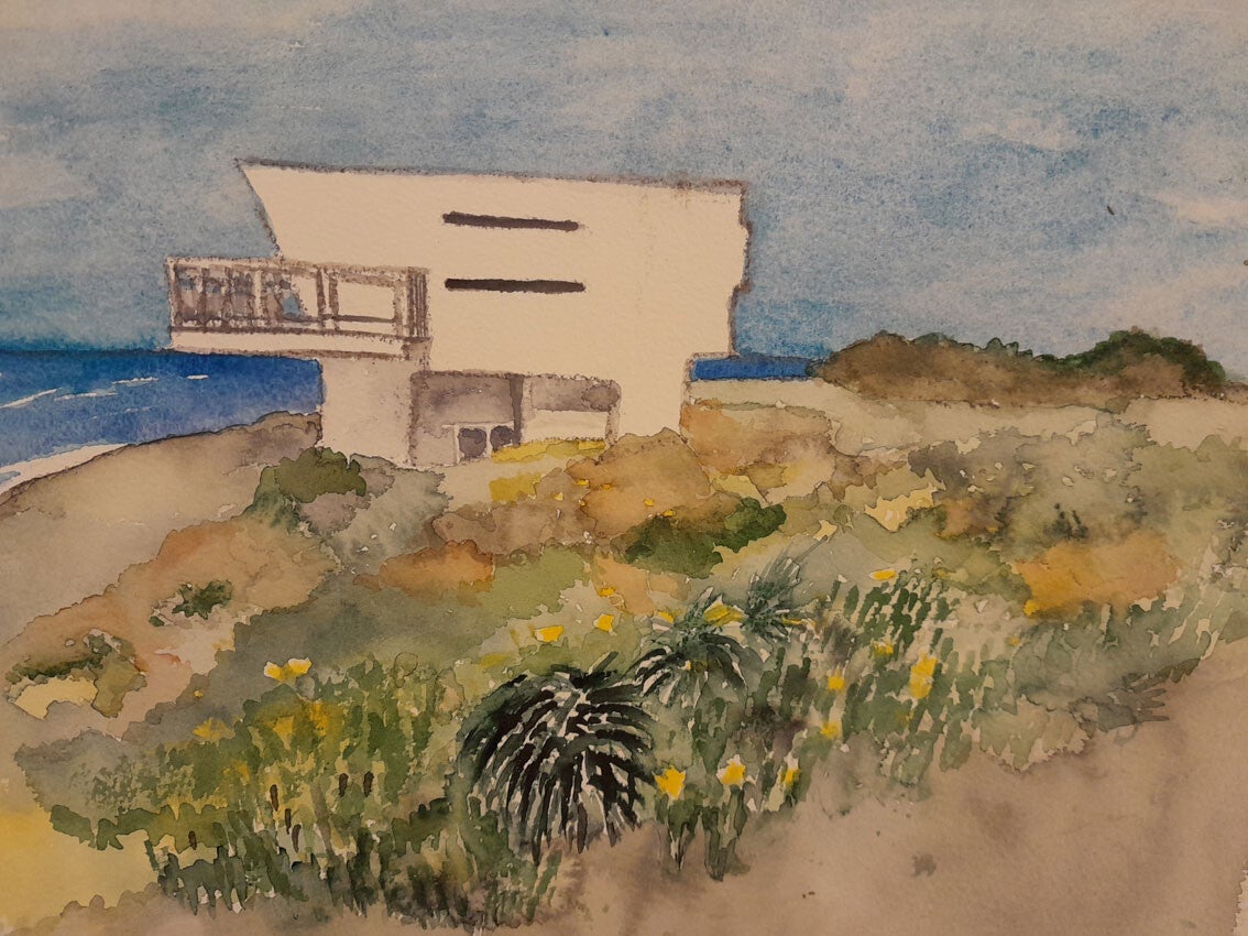 Acquerello, Casa del Capitano, Marina Velca, Tarquinia (Casa bianca con mare di sfondo)