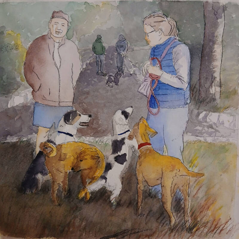Acquerello, Canari e cani al Colle Oppio, Roma