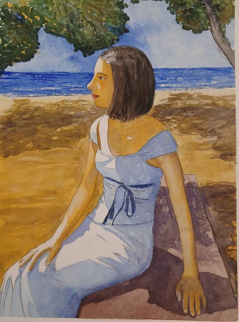 Acquerello - guardando il futuro (ritratto di ragazza al mare, seduta sotto gli  alberi - 2026)
