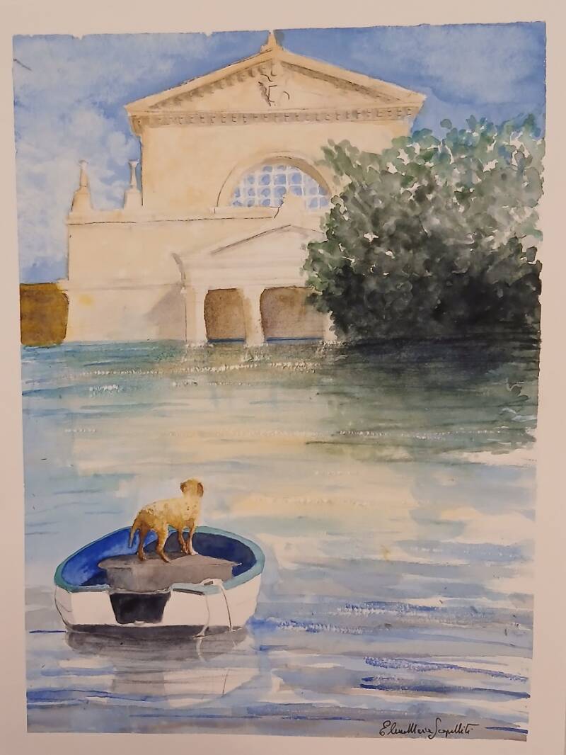 Acquerello su carta di cotone (30×40). Titolo: Piazza Pia, Anzio, anno 2126 (Anzio 2026).