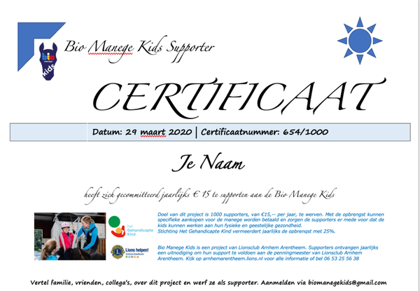 Dienblad met BMK-logo en certificaat op naam en nummer
