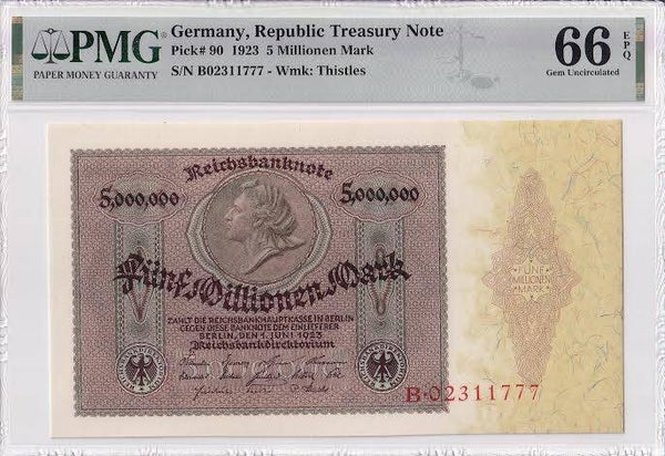 1923 Germany 5 Millionen Mark  P-90 UNC — PMG 66 EPQ NR | 2nd Top Pop | Rare Weimar Hyperinflation Banknote