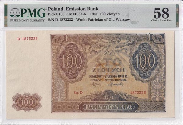 1941 Poland 100 Złotych Banknote PMG 58 – Rare WWII Polish Currency Collectible
