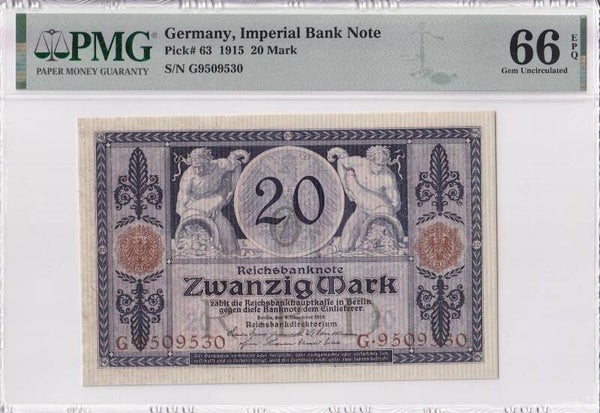 1915 Germany Imperial 20 Mark P-63 – PMG 66 EPQ – NR, 2nd Top Pop
