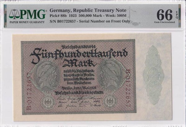 1923 Germany 500,000 Mark Banknote – PMG 66 Gem UNC | Rare Inflation Note