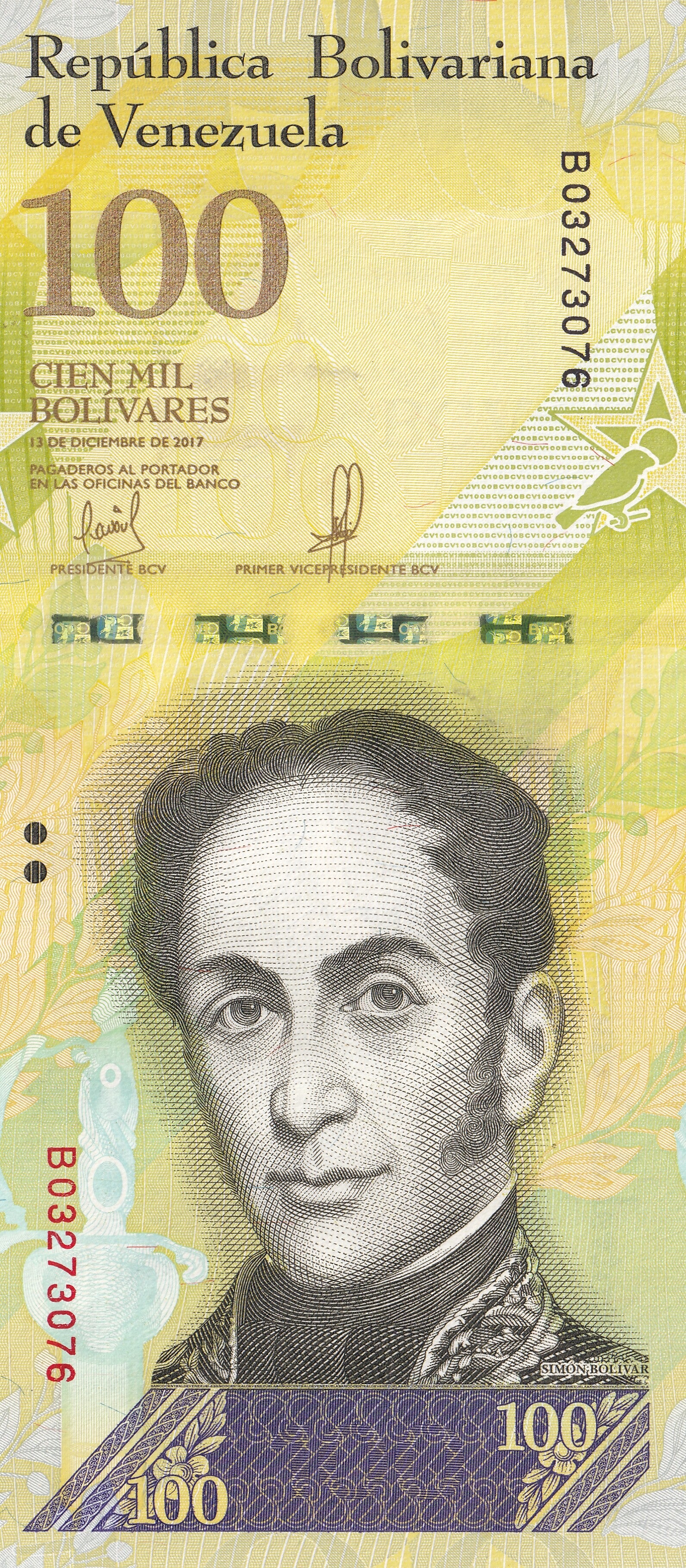 2017 Venezuela 100,000 Bolívares Banknote – Banco Central de Venezuela – Cardinals (Birds) – UNC