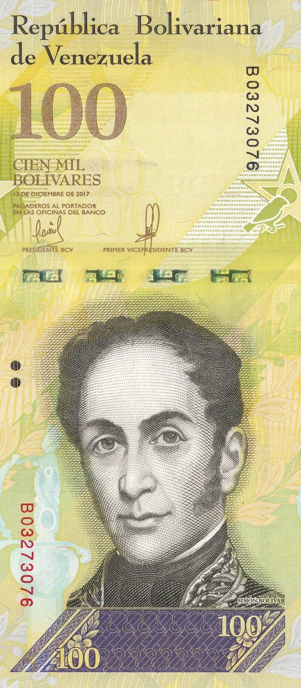 2017 Venezuela 100,000 Bolívares Banknote – Banco Central de Venezuela – Cardinals (Birds) – UNC