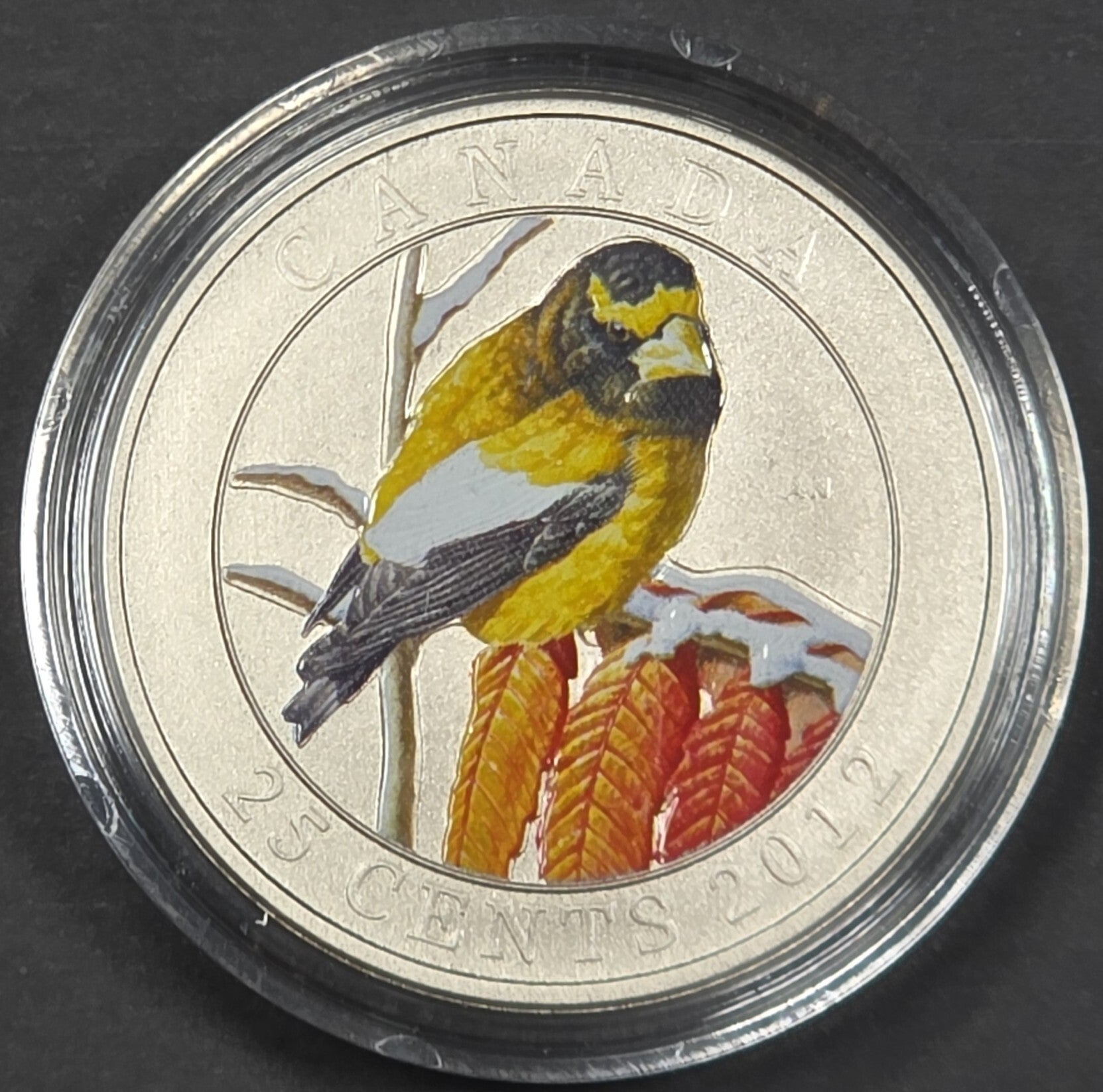 2013 Canada 25 Cents Colourized Evening Grosbeak Coin – Royal Canadian Mint – Original Mint Case
