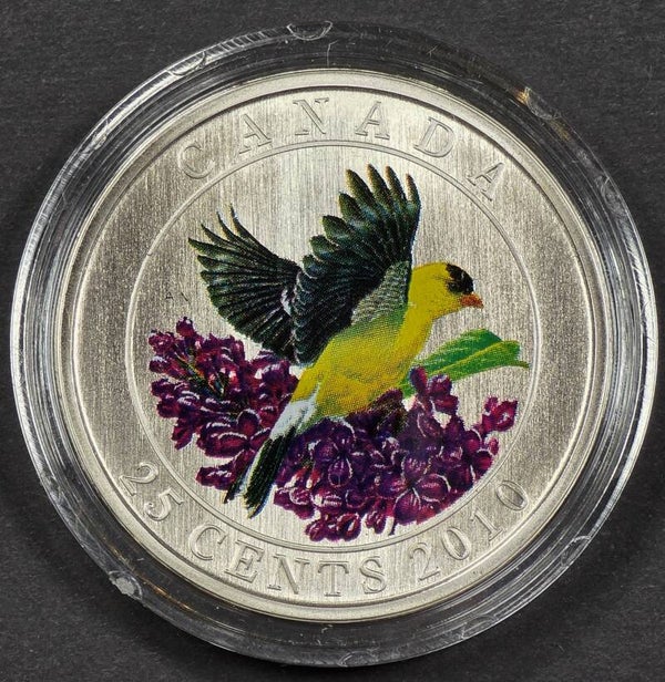 2010 Canada 25 Cents Colourized American Goldfinch Coin – Royal Canadian Mint – Original Mint Case