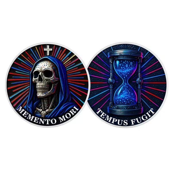 Memento Mori & Tempus Fugit Art Round – Neon Gothic Skull & Hourglass Fantasy Coin 40mm