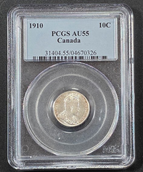 1910 Canada 10 Cents Silver Coin – King Edward VII – PCGS AU-55 Certified