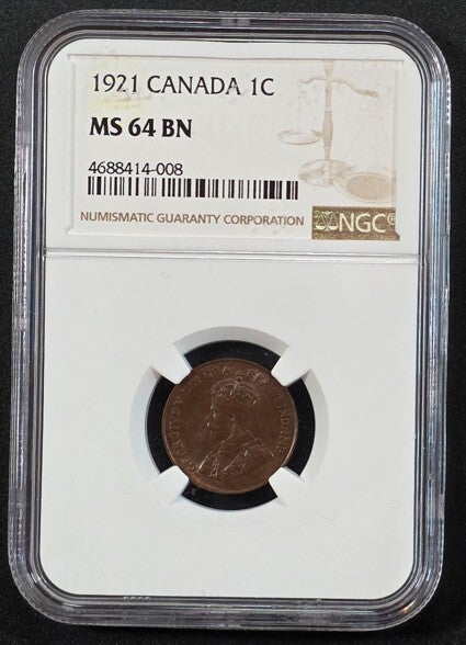 1921 Canada 1 Cent Bronze Coin – King George V – NGC MS-64 BN Certified