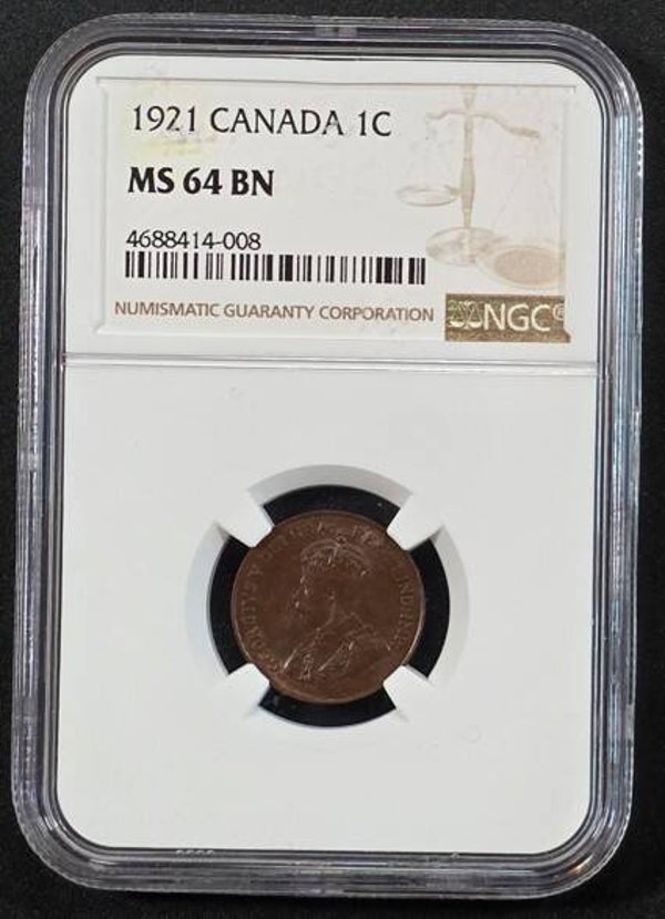 1921 Canada 1 Cent Bronze Coin – King George V – NGC MS-64 BN Certified