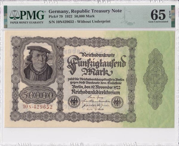 1922 Germany 50,000 Mark Banknote – PMG 65 EPQ – Weimar Republic Hyperinflation