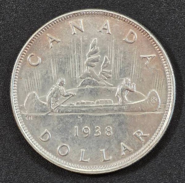 1938 Canada $1 Silver Dollar - AU – Voyageur Canoe Design – King George VI