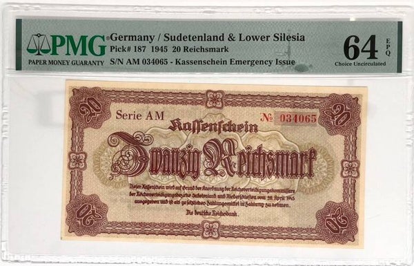 1945 Germany/Sudetenland & Lower Silesia 20 Reichsmark PMG 64
