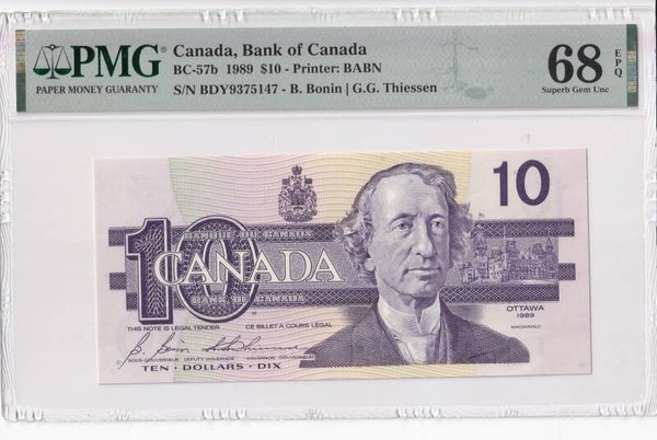 1989 Canada $10 Banknote – PMG 68 EPQ Superb Gem UNC (Bonin–Thiessen, BC-57b)