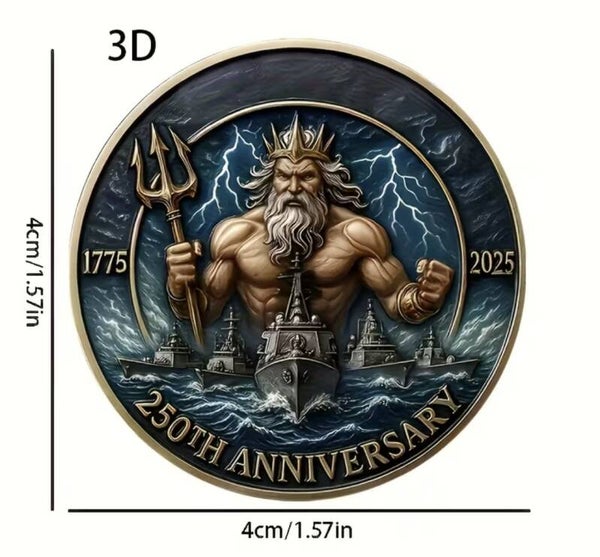 250th Anniversary 1775–2025 Patriotic Neptune Poseidon 3D Challenge Coin – Naval Tribute Art Round