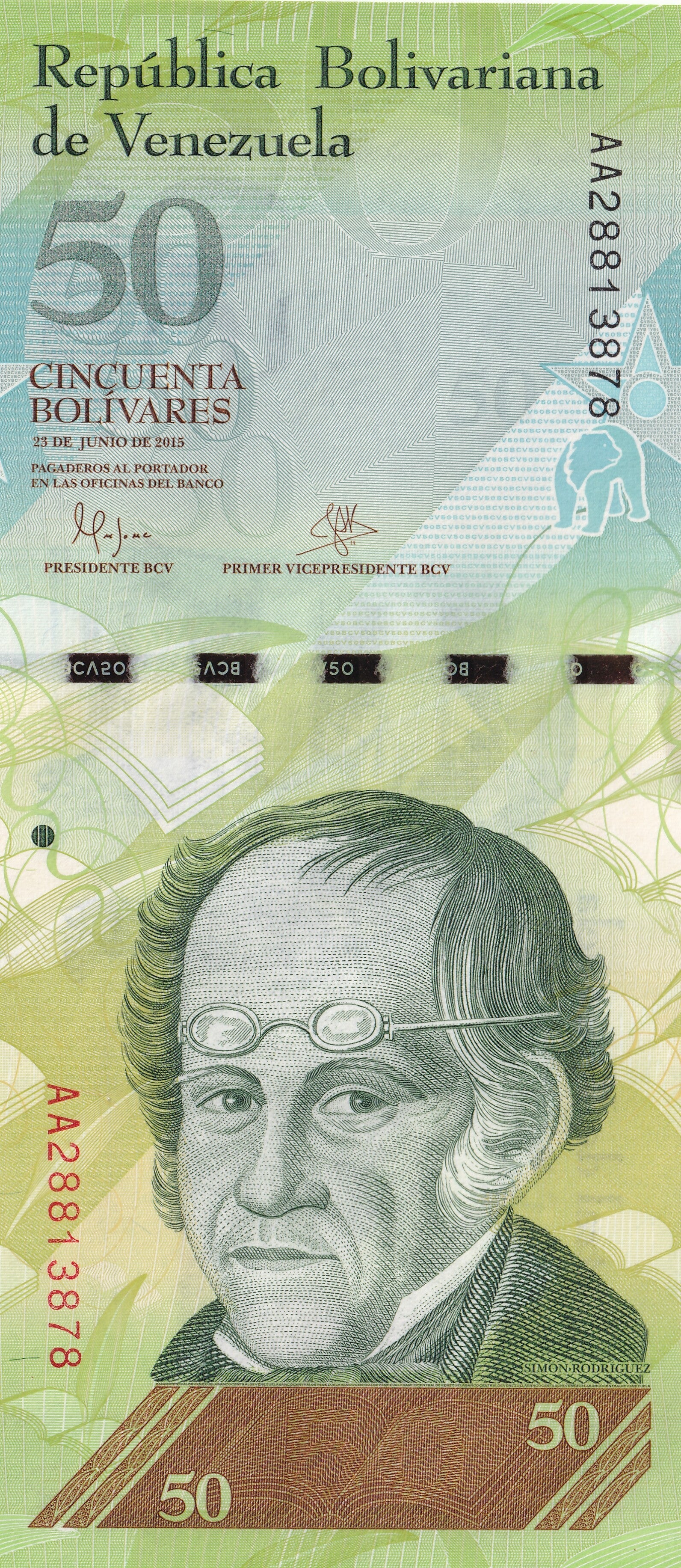 2015 Venezuela 50 Bolívares Banknote – Banco Central de Venezuela – Andean Bear (Oso Frontino) – UNC