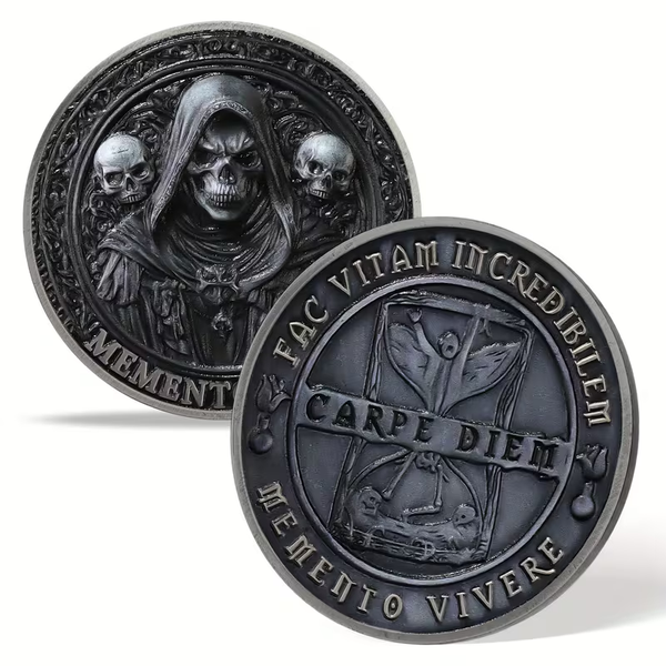Memento Mori Grim Reaper Gothic Art Round – Carpe Diem Skull Fantasy Medallion Antique Finish