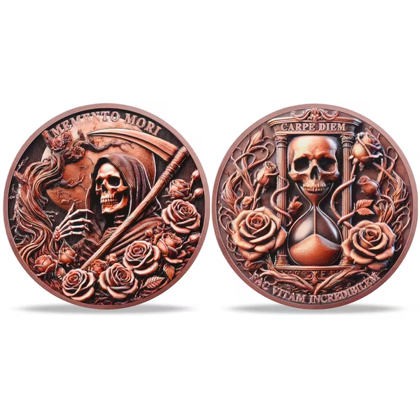 Memento Mori & Carpe Diem Gothic Skull Copper Round – Grim Reaper & Hourglass Art Coin – Collectible Tribute Medallion