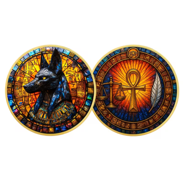 Anubis Egyptian Stained Glass Art Round – Ankh & Scales of Ma’at Alloy Fantasy Coin 40mm