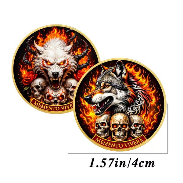 Memento Vivere Fire Wolf Art Round – Gothic Skull Alloy Fantasy Coin 40mm (1.57in)