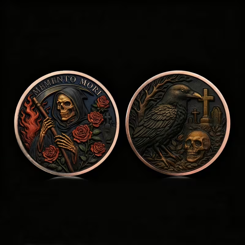 Memento Mori Grim Reaper & Raven Alloy Art Round – Gothic Skull Coin 40mm (1.57in)