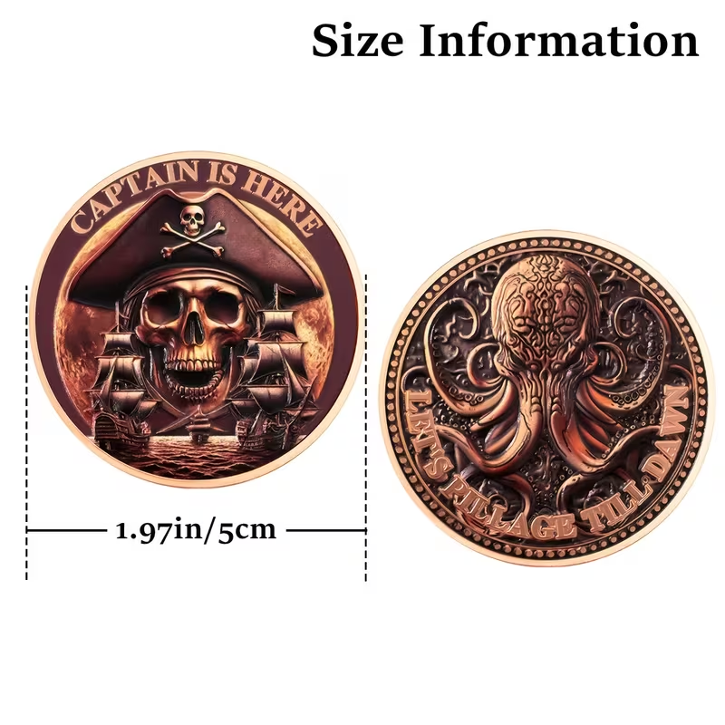 Captain Is Here Pirate Skull Art Round – 5cm Alloy Nautical Coin “Embrace the Savage”