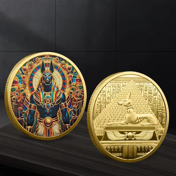 Egyptian Anubis & Sphinx Gold Coloured Art Round – High Relief Fantasy Coin with Enamel Color Design