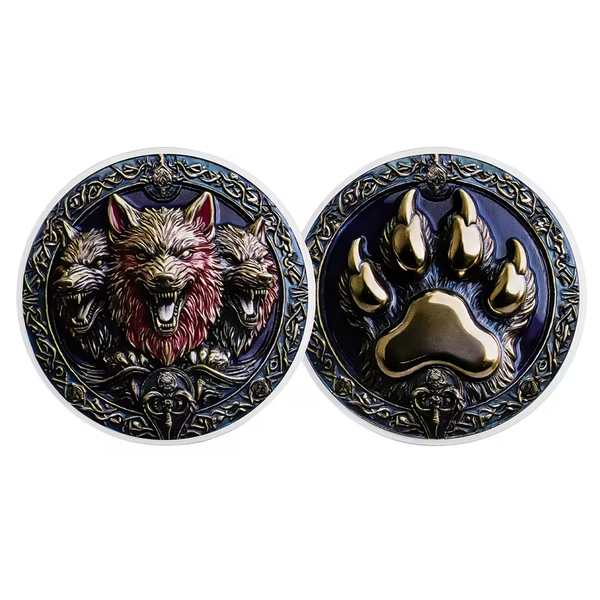 Three Wolf Clan Alloy Art Round – Viking Fenrir Paw Emblem Coin 40mm Norse Fantasy